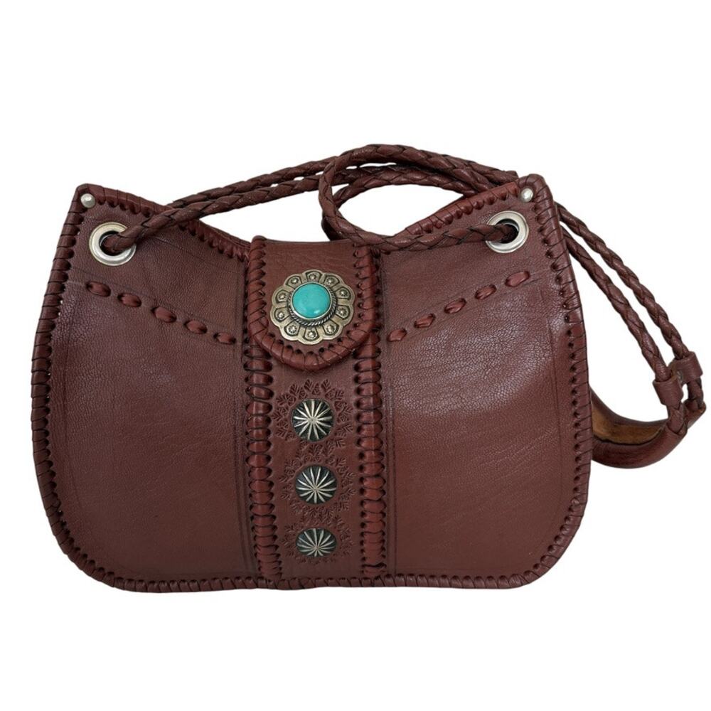 Vintage Western Southwestern Brown Leather Shoulder Bag Turquoise Concho Braided